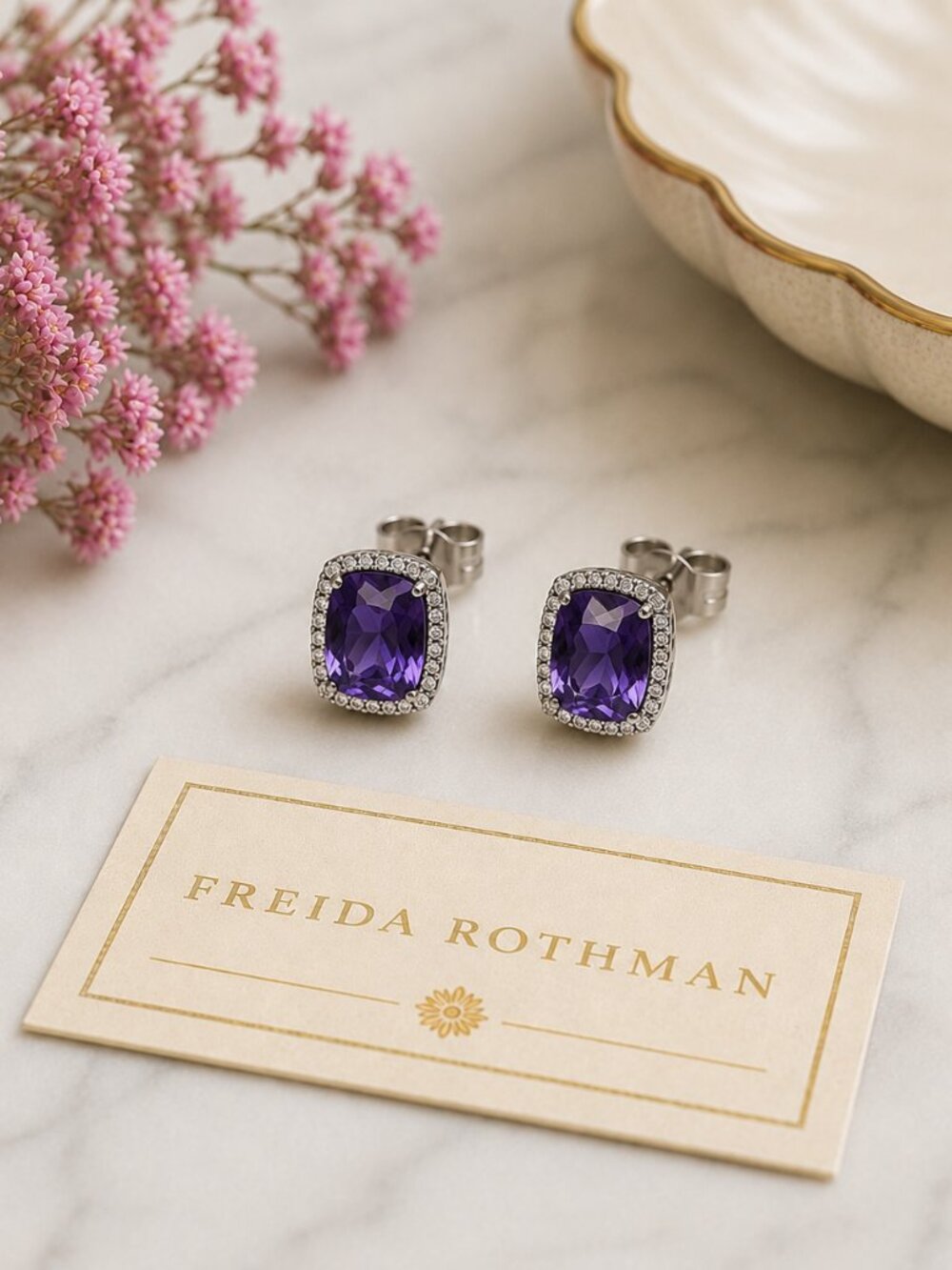 Freida Rothman Natural Diamonds w/ Genuine Amethyst Stud Earrings NWT $280 MSRP